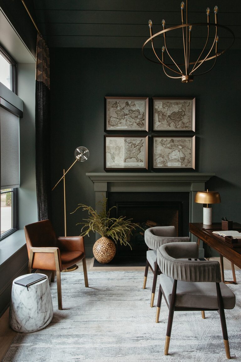 Living room with dark walls and a fireplace in a Copper home