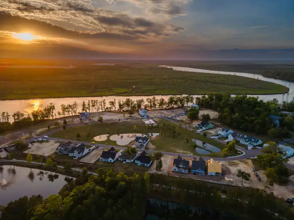 Aerial view of the Sunset Reach waterfront community on the Cape Fear River