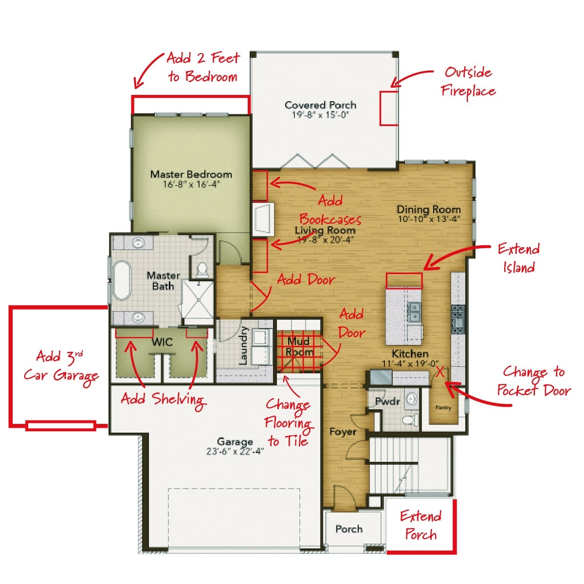 Custom home floor plan marked up with red-line revisions