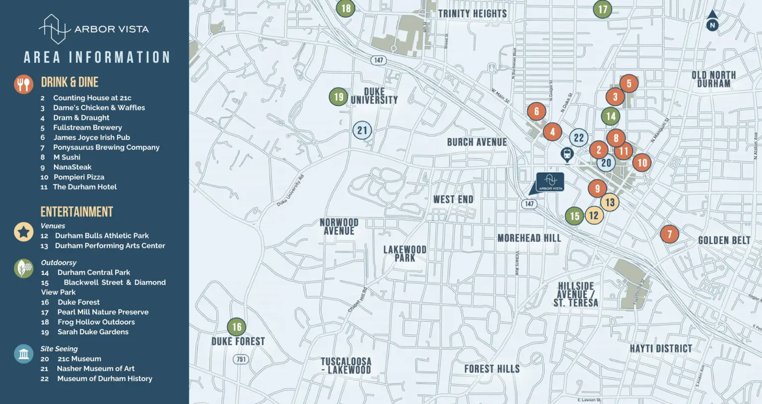 Map of restaurants, parks and entertainment near Arbor Vista in Durham