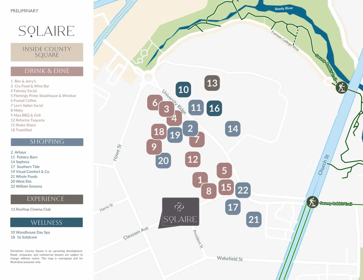 Map of shops, dining and parks near Solaire in Greenville