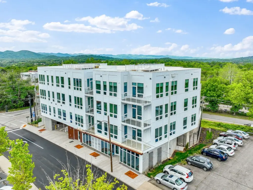 Aerial view of One23 Haywood with mountain views