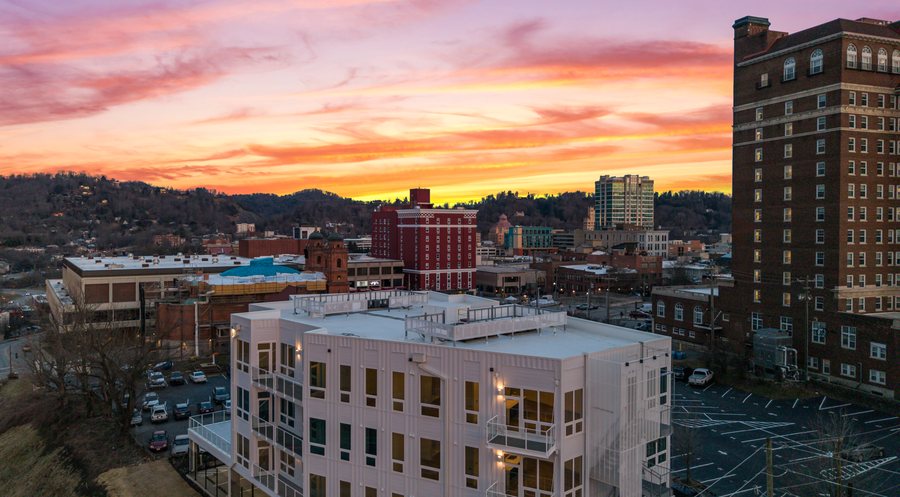 One23 Haywood condominiums at sunset in downtown Asheville, NC