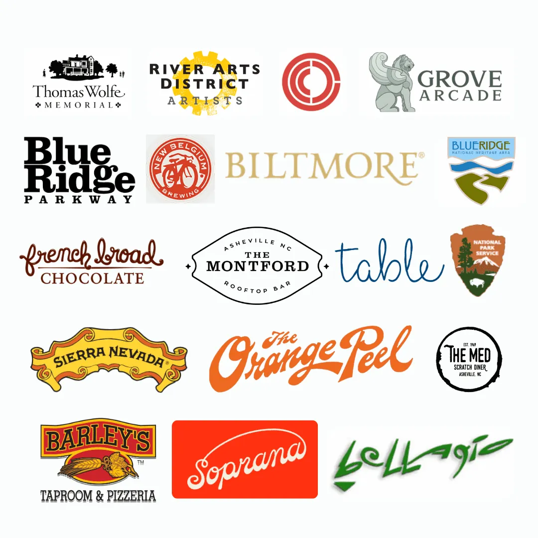 Logos of Asheville attractions near One23 Haywood