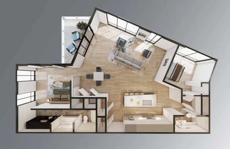 3D floor plan of Plan D at One23 Haywood