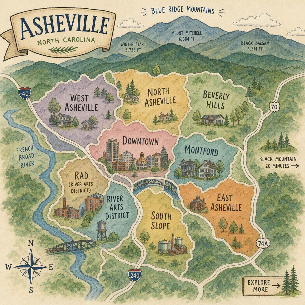 Illustrated map of Asheville, NC neighborhoods including Downtown, Montford, West Asheville and the River Arts District