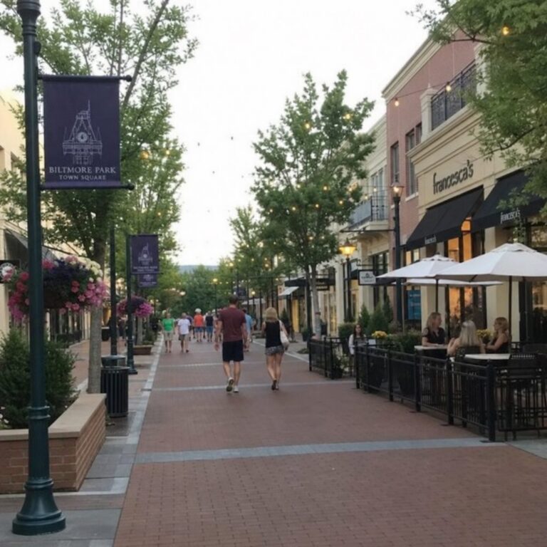 Pedestrians walking along a brick-paved shopping street with restaurant patios in Asheville, NC