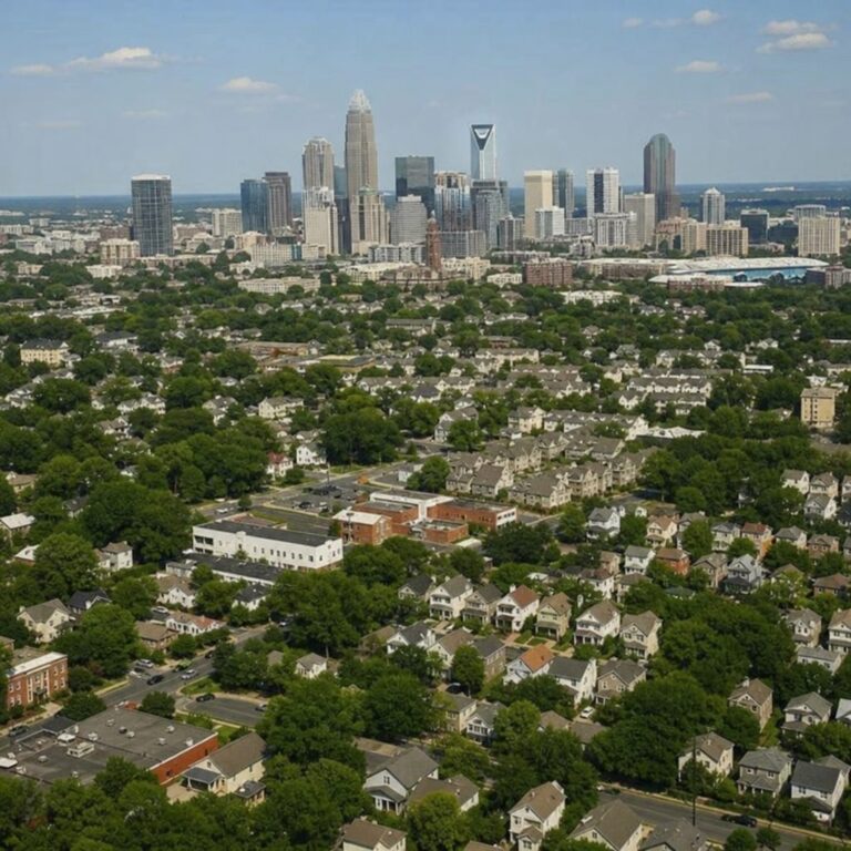 Aerial view of Charlotte, NC skyline above tree-lined suburban neighborhoods