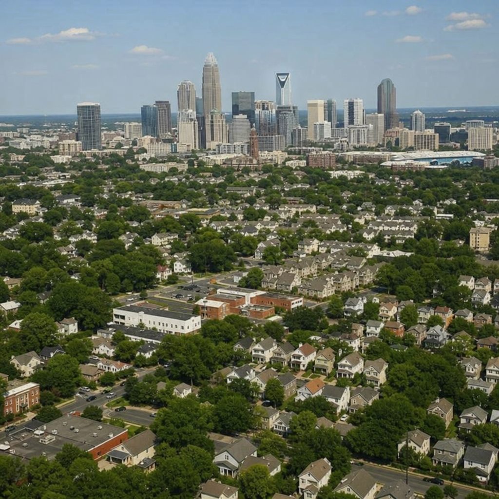 Aerial view of Charlotte, NC skyline above tree-lined suburban neighborhoods
