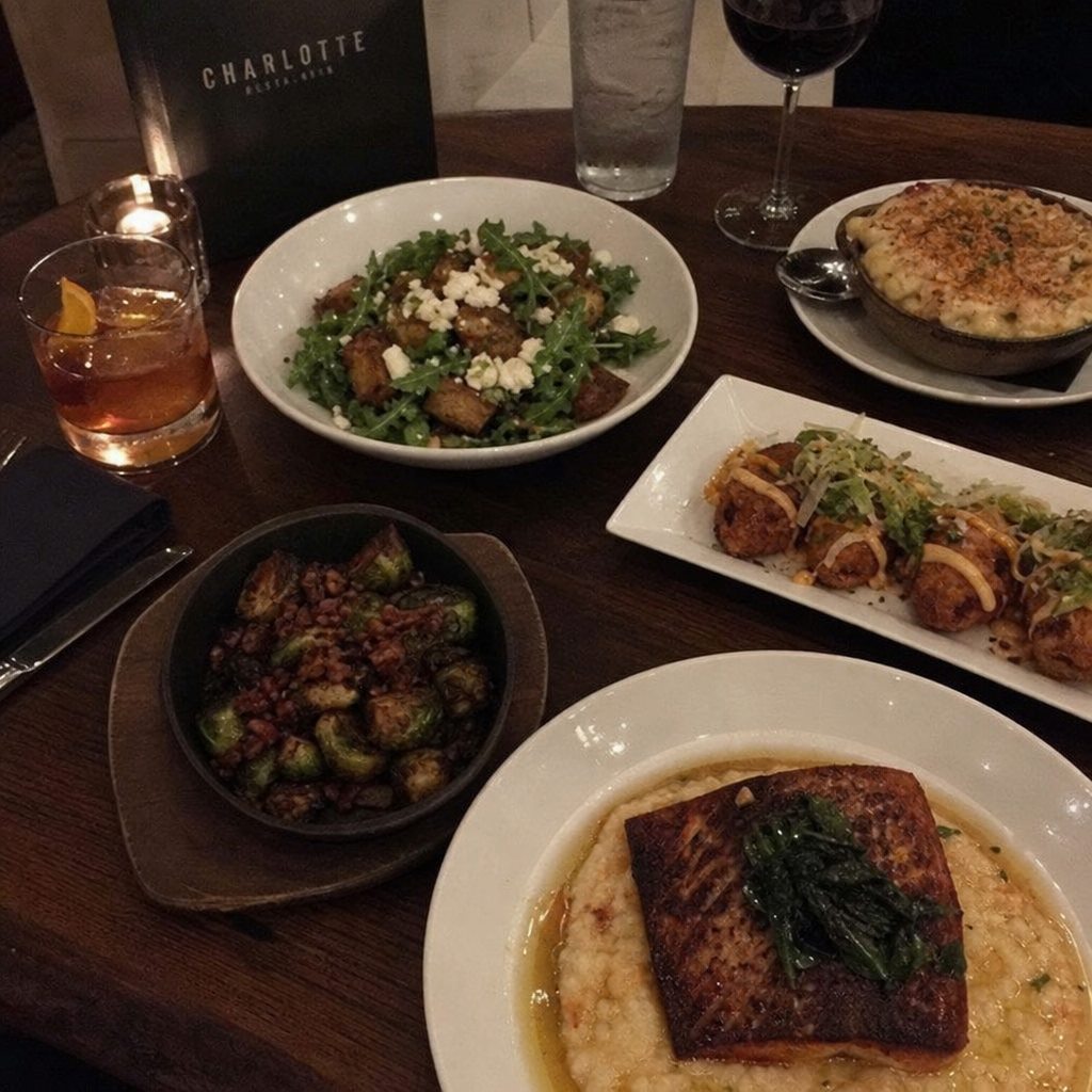 Plates of seasonal dishes on a restaurant table in Charlotte, NC