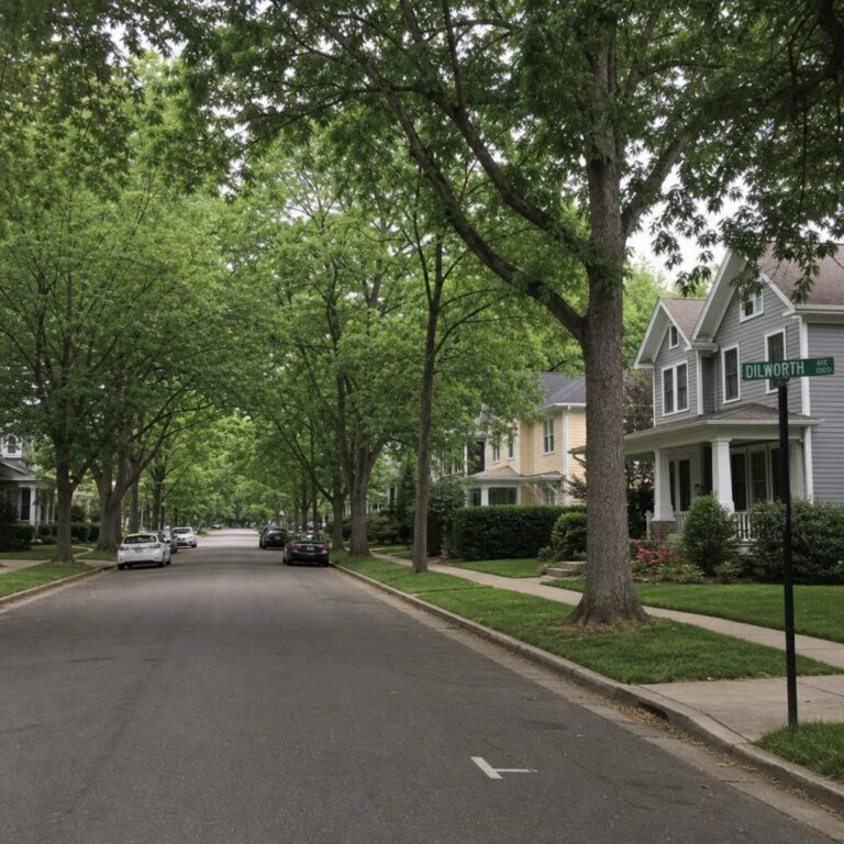 Tree-lined residential street with sidewalks in a Charlotte, NC family neighborhood