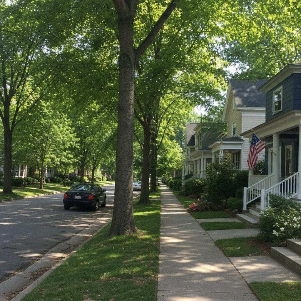 Tree-lined street with sidewalks and historic homes in Raleigh, NC