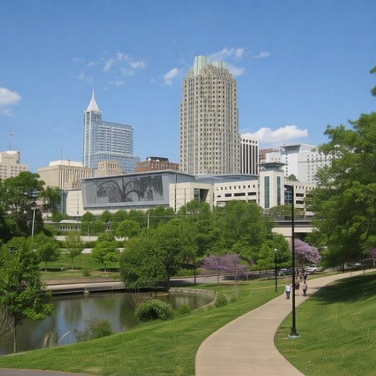 Raleigh, NC skyline above a greenway and pond