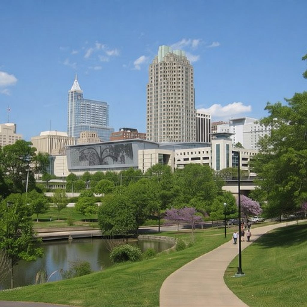 Raleigh, NC skyline above a greenway and pond