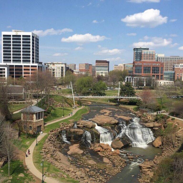 Waterfall and downtown skyline at Falls Park in Greenville, SC