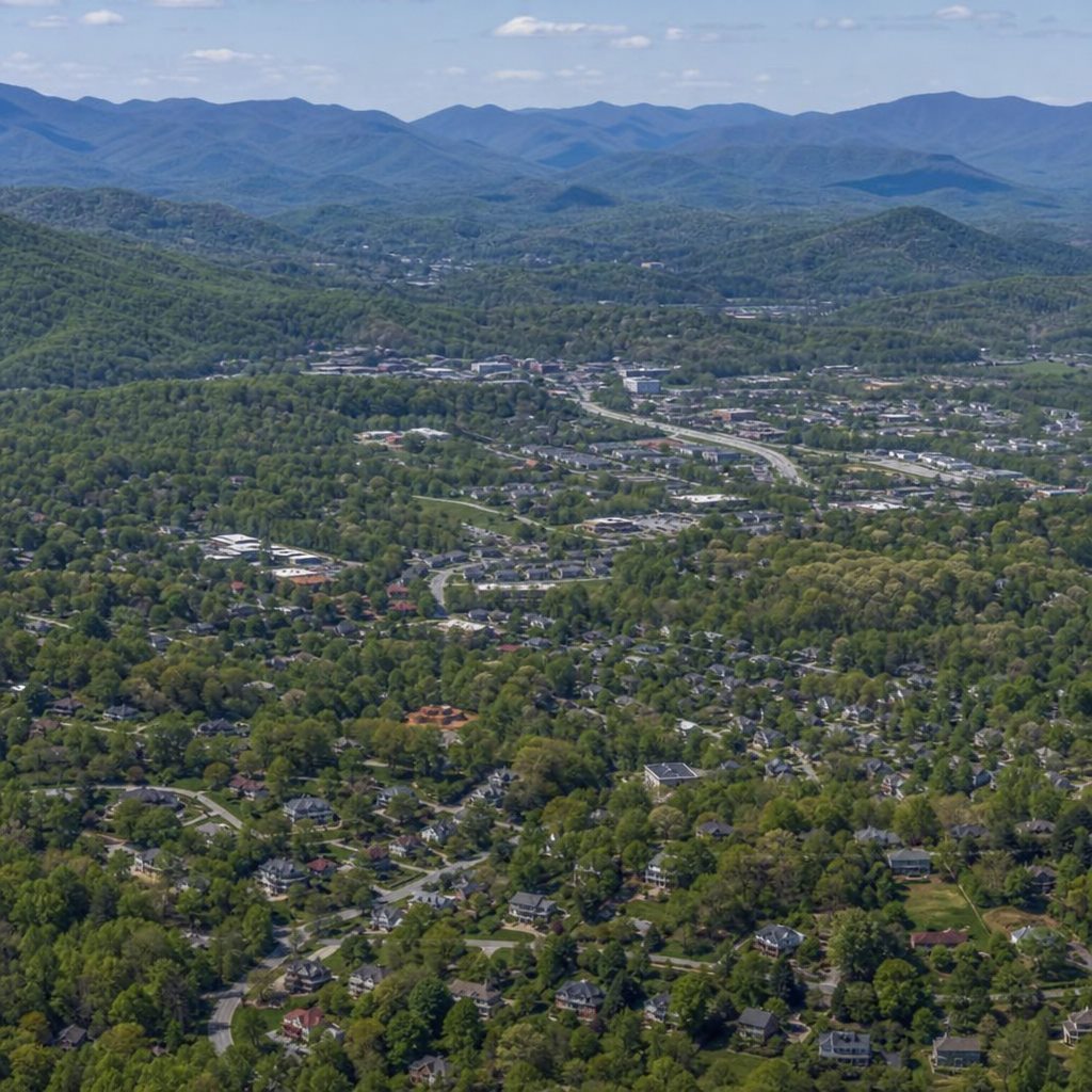 Aerial view of a mountain town and valley near Asheville, NC