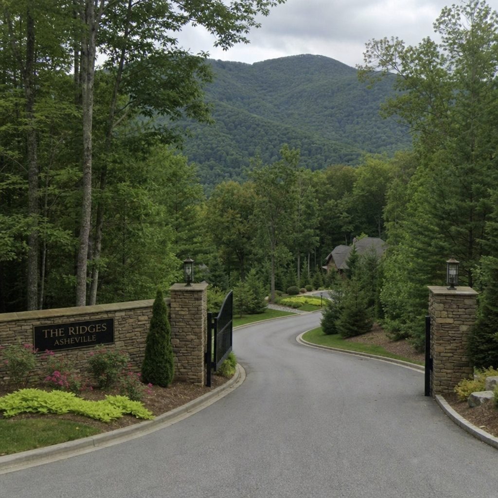 Gated community entrance on a winding road with Blue Ridge mountain views near Asheville, NC