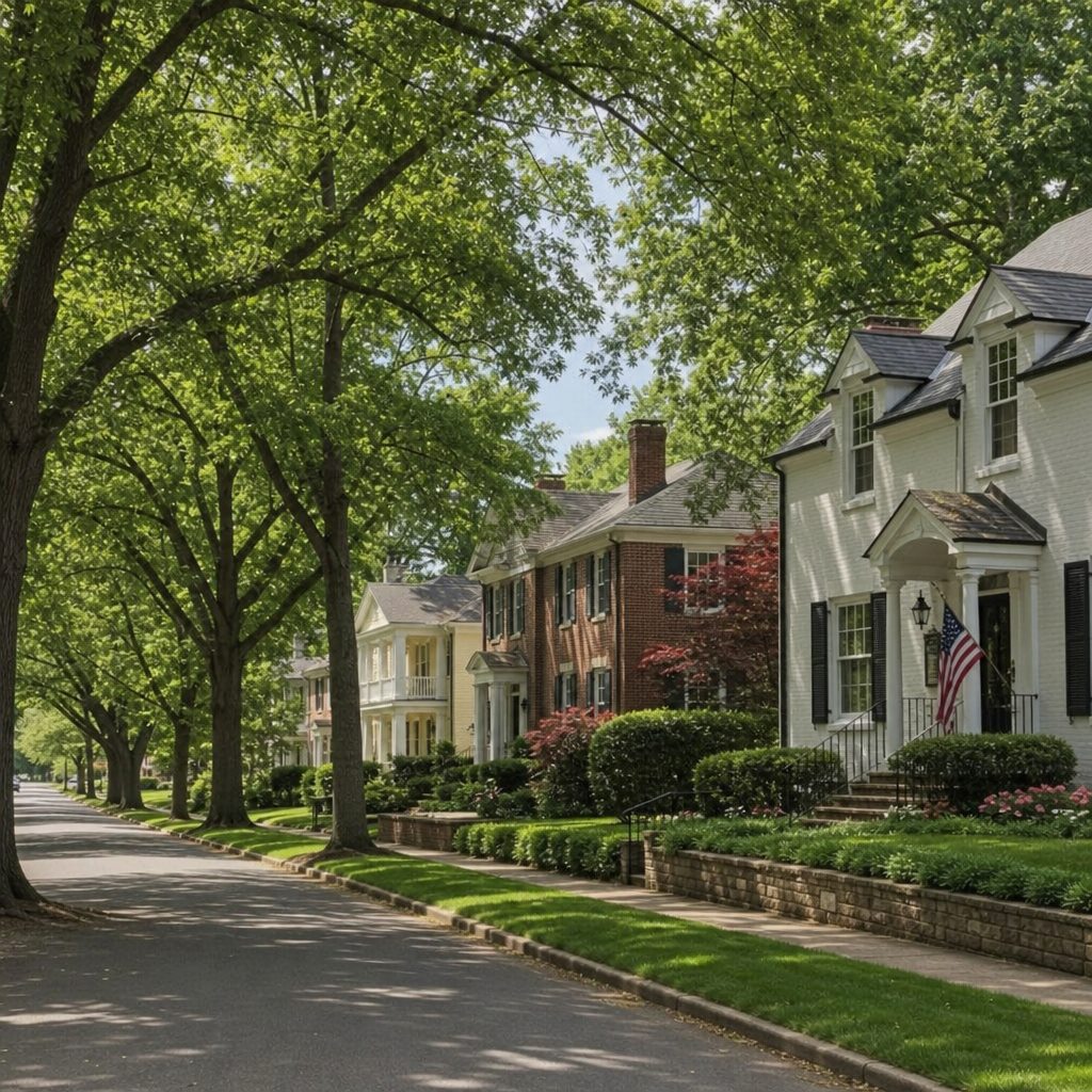 Tree-lined street with historic homes in Myers Park, Charlotte, NC