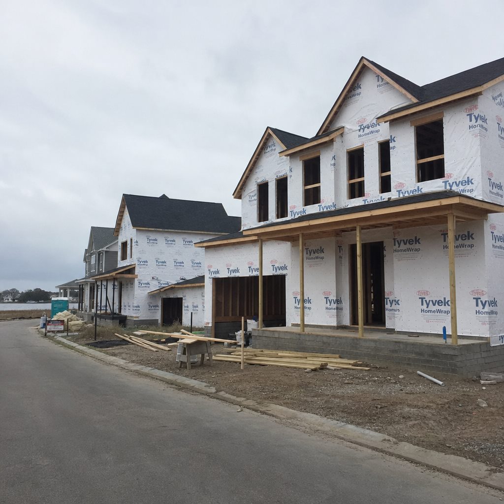 New home under construction on a residential street in Wilmington, NC