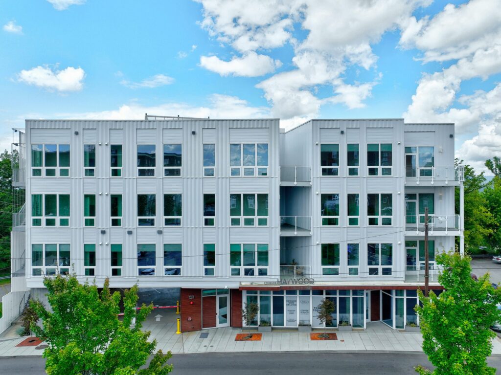 Front facade of One23 Haywood condos at 123 Haywood Street in Asheville, NC