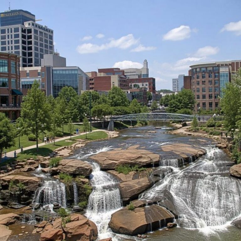 Falls Park waterfall and downtown skyline in Greenville, SC