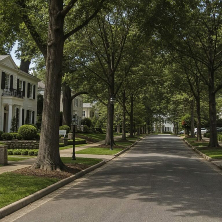 Tree-lined street with stately homes in a wealthy Charlotte, NC neighborhood