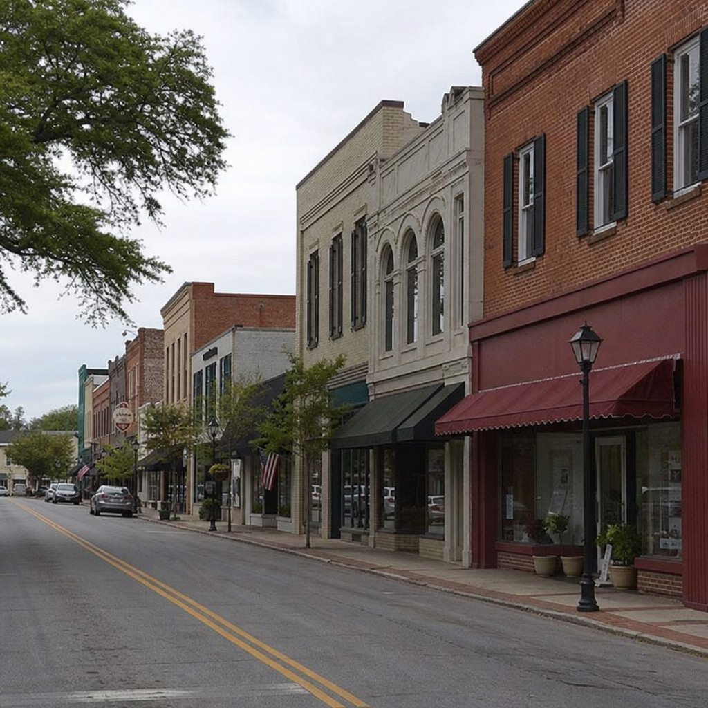 Historic main street with brick storefronts in a South Carolina town