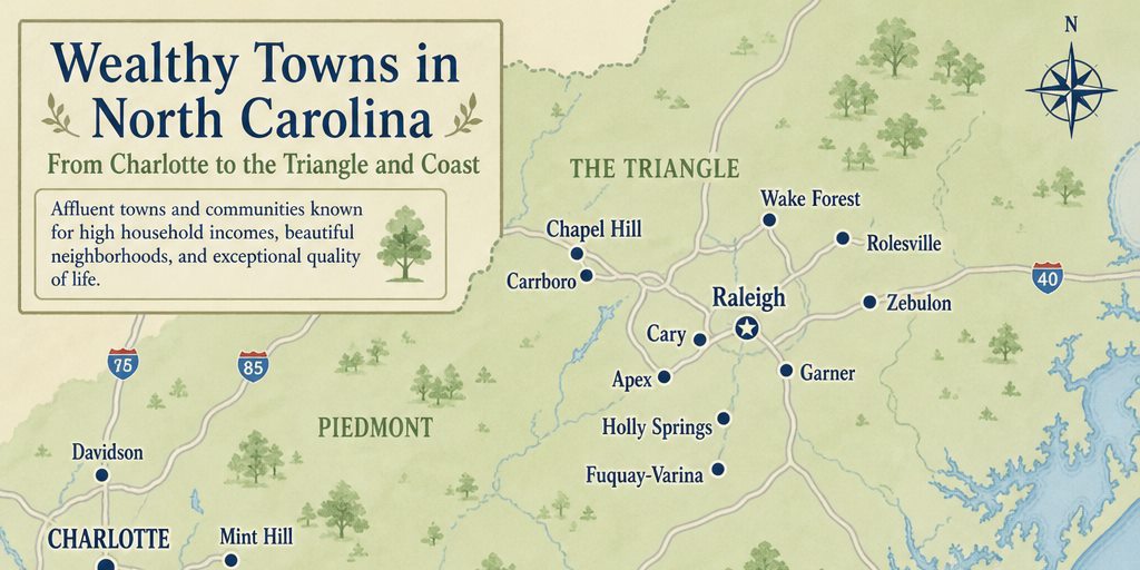 Map of wealthy towns in North Carolina from Charlotte to the Triangle and coast