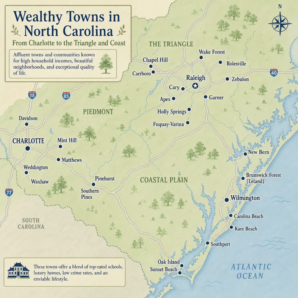 Map of wealthy towns in North Carolina from Charlotte to the Triangle and coast