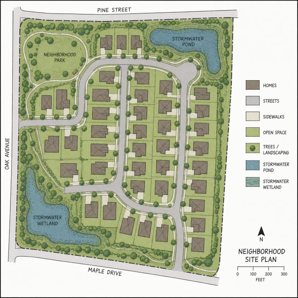 Neighborhood site plan showing homes, open space and stormwater ponds