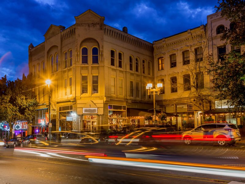 Historic downtown Asheville buildings at night