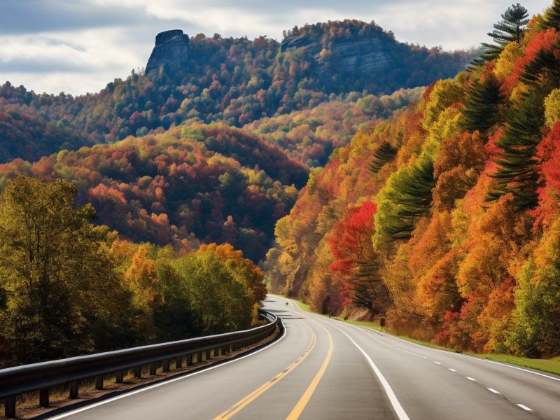 Scenic fall drive on I-40 through Appalachian Mountains to Asheville, NC. Smooth traffic with interstate transportation. Generative AI